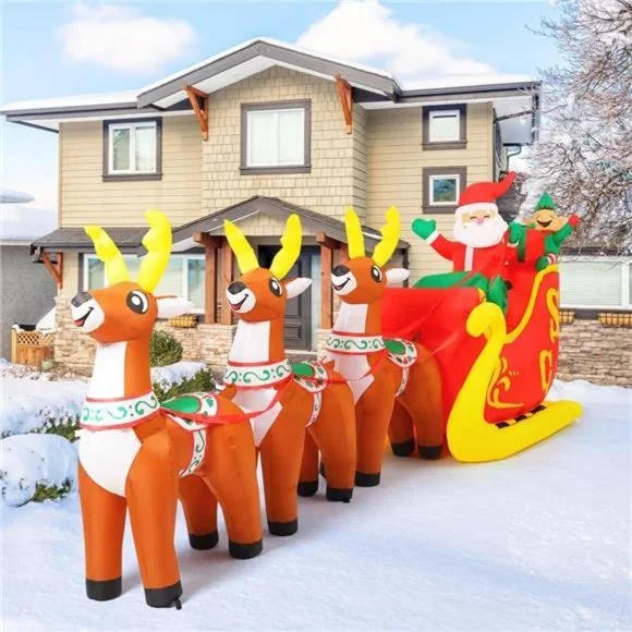 12 Ft Christmas Inflatable Reindeer cart Outdoor Decorations Blow Up Yard Three